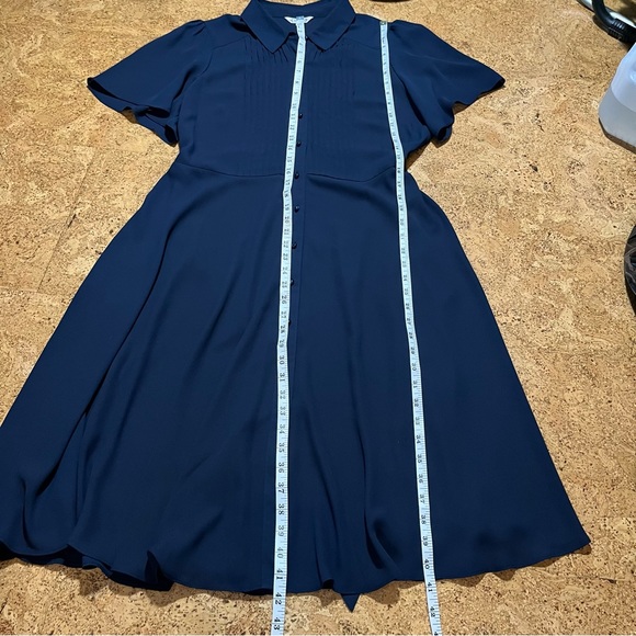 Nanette Lepore Navy Blue Pintuck Pleat Flutter Sleeve Button Down Dress Sz 12 - Picture 12 of 14